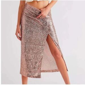 Free People EUC Sequin Midi Skirt Sz 10 Pink High Slit Festival Boho Summer
